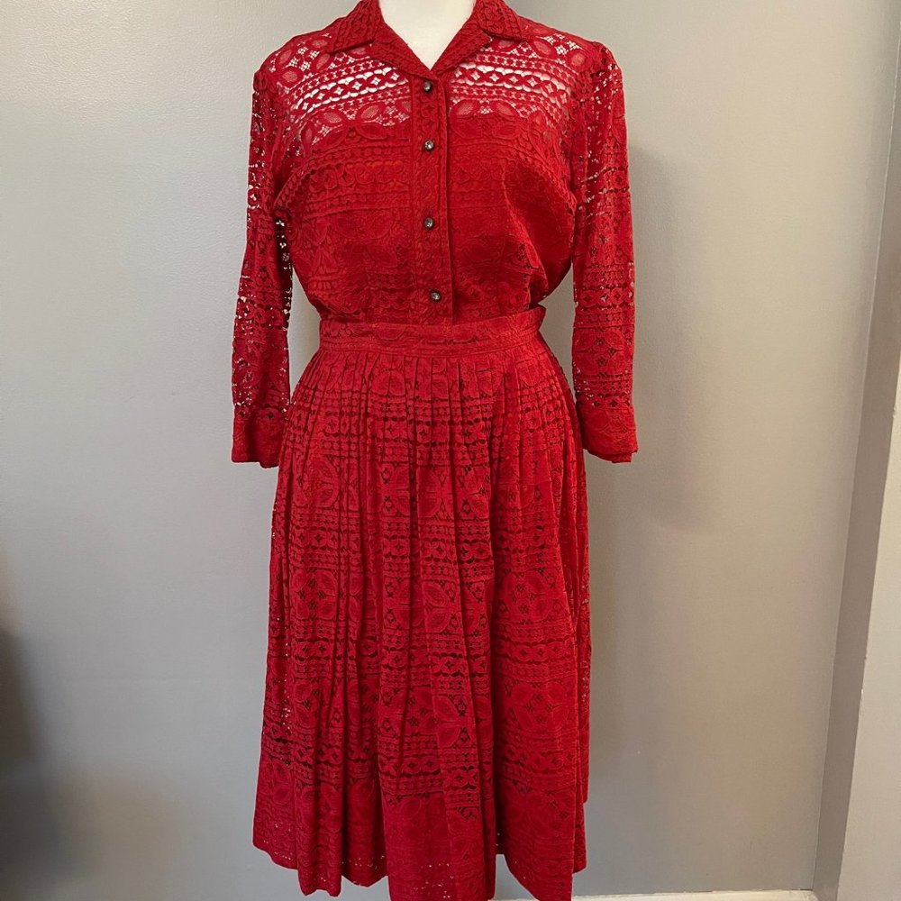 1950s Vintage Red Lace Dress/Two Piece Skirt & Blouse Size Small